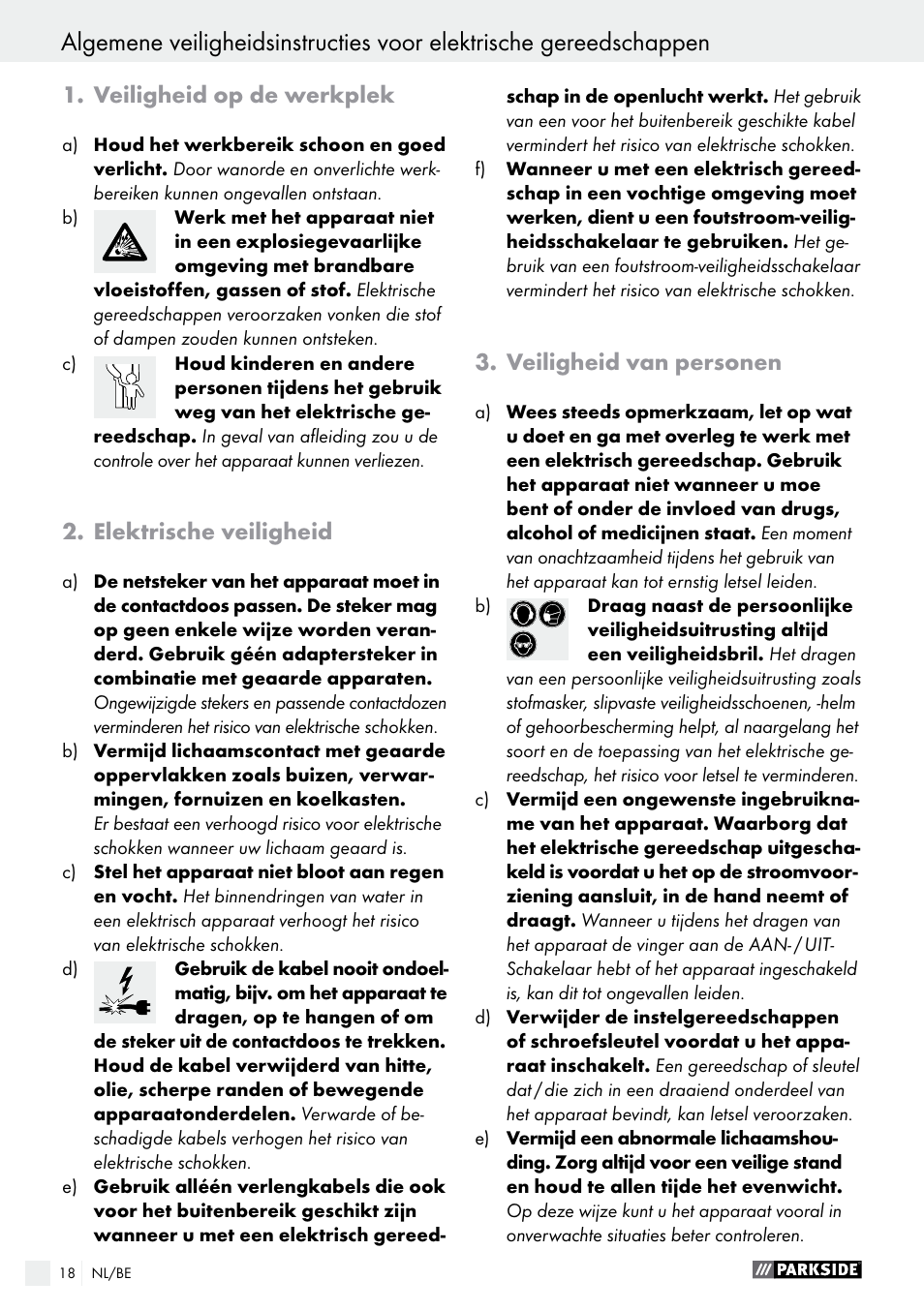 Veiligheid op de werkplek, Elektrische veiligheid, Veiligheid van personen | Parkside PABS 12 A1 User Manual | Page 18 / 45