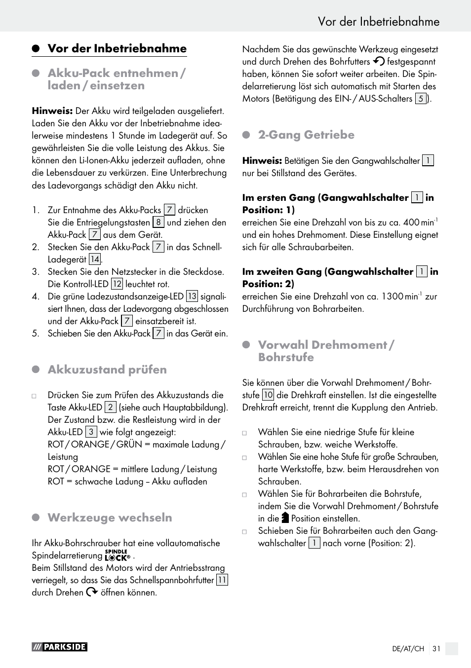 Vor der, Inbetriebnahme, Akku-pack entnehmen / laden / einsetzen | Akkuzustand prüfen, Werkzeuge wechseln, Gang getriebe, Vorwahl drehmoment / bohrstufe | Parkside PABS 12 A1 User Manual | Page 31 / 45