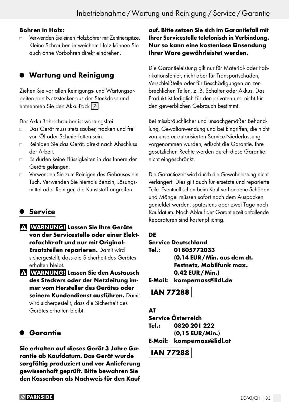 Wartung und reinigung, Service, Garantie | Parkside PABS 12 A1 User Manual | Page 33 / 45