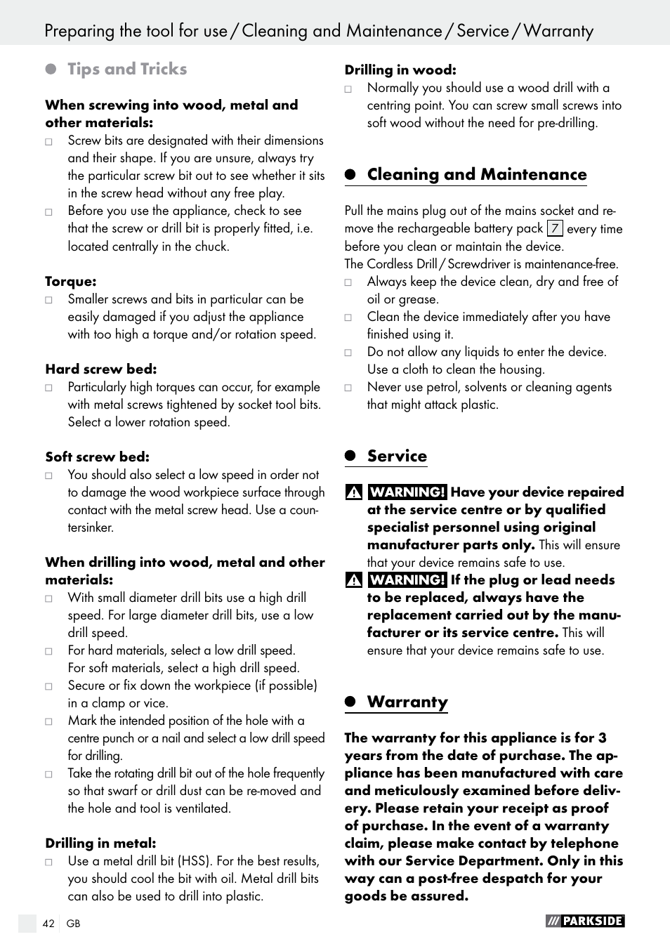 Tips and tricks, Cleaning and maintenance, Service | Warranty | Parkside PABS 12 A1 User Manual | Page 42 / 45