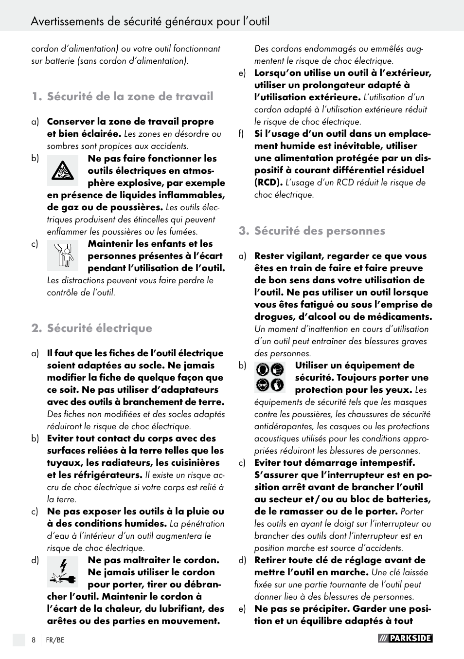 Avertissements de sécurité généraux pour l’outil, Sécurité de la zone de travail, Sécurité électrique | Sécurité des personnes | Parkside PABS 12 A1 User Manual | Page 8 / 45