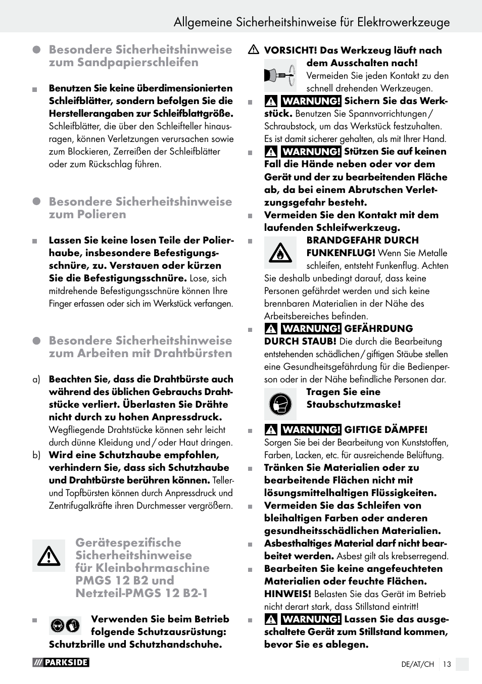 Besondere sicherheitshinweise zum polieren | Parkside PMGS 12 B2 User Manual | Page 13 / 57