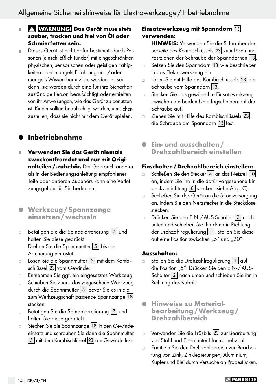 Inbetriebnahme, Werkzeug / spannzange einsetzen / wechseln, Ein- und ausschalten / drehzahlbereich einstellen | Parkside PMGS 12 B2 User Manual | Page 14 / 57