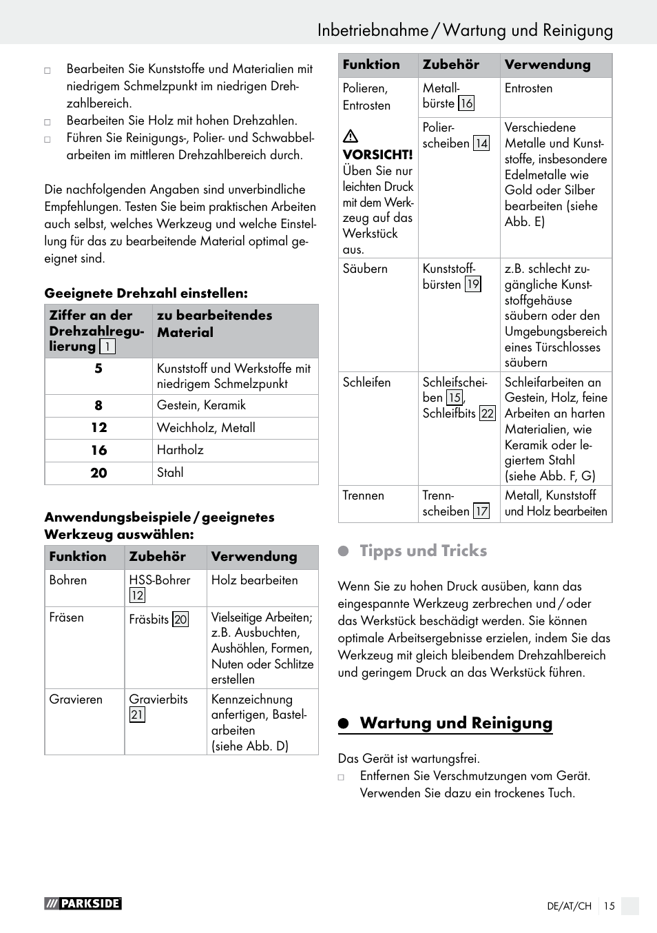 Inbetriebnahme / wartung und reinigung, Tipps und tricks, Wartung und reinigung | Parkside PMGS 12 B2 User Manual | Page 15 / 57