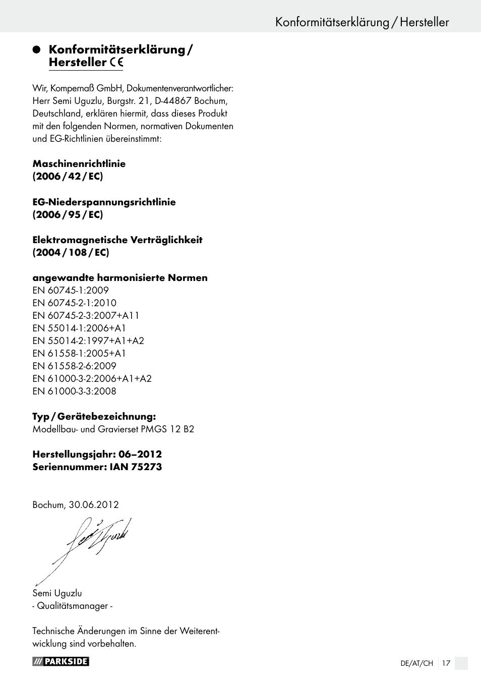 Konformitätserklärung / hersteller | Parkside PMGS 12 B2 User Manual | Page 17 / 57