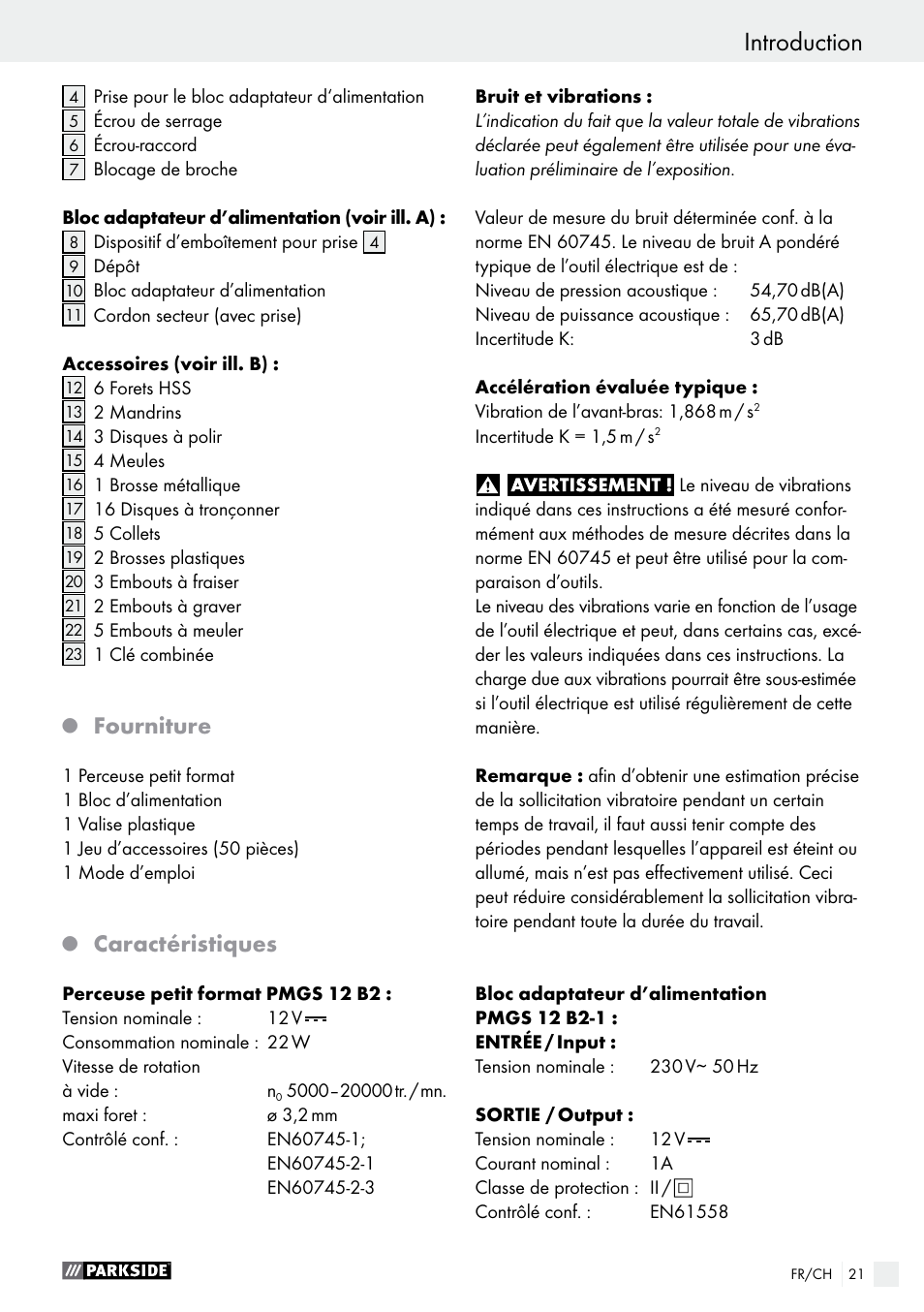 Introduction, Fourniture, Caractéristiques | Parkside PMGS 12 B2 User Manual | Page 21 / 57