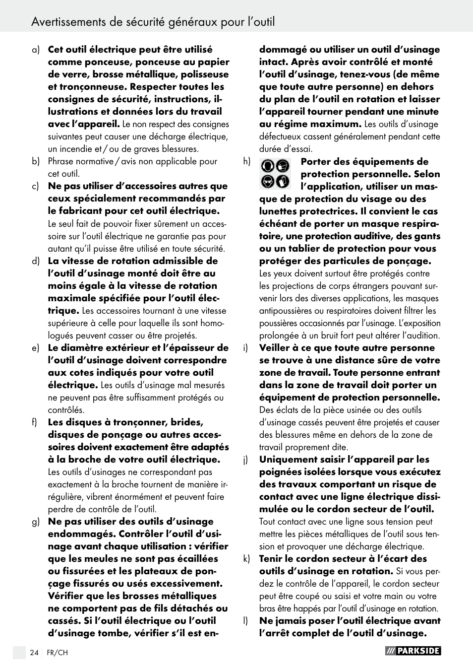 Avertissements de sécurité généraux pour l’outil | Parkside PMGS 12 B2 User Manual | Page 24 / 57