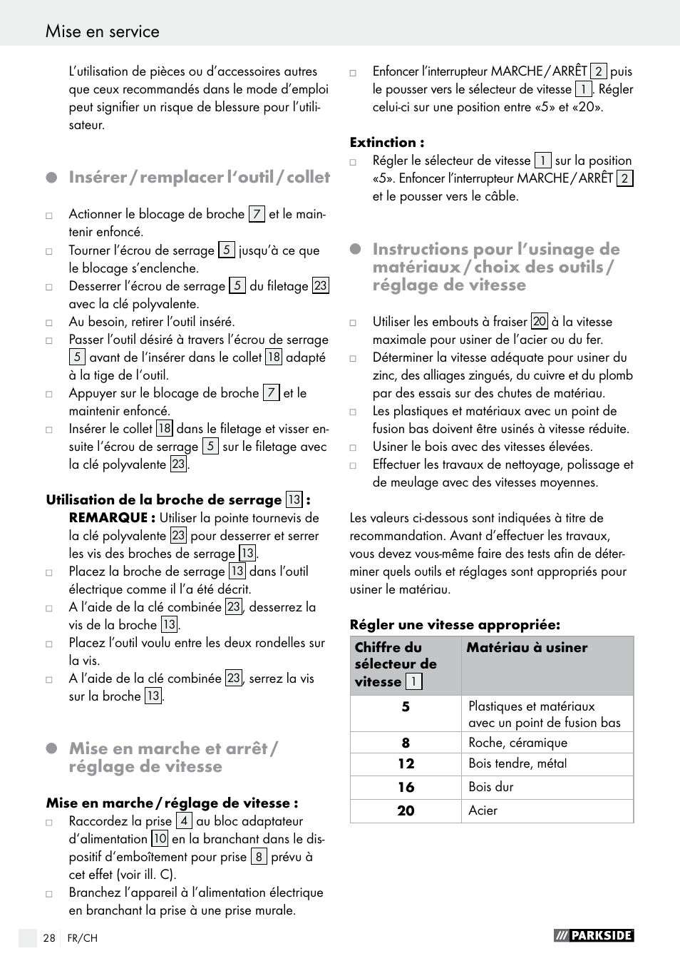 Mise en service, Insérer / remplacer l‘outil / collet, Mise en marche et arrêt / réglage de vitesse | Parkside PMGS 12 B2 User Manual | Page 28 / 57