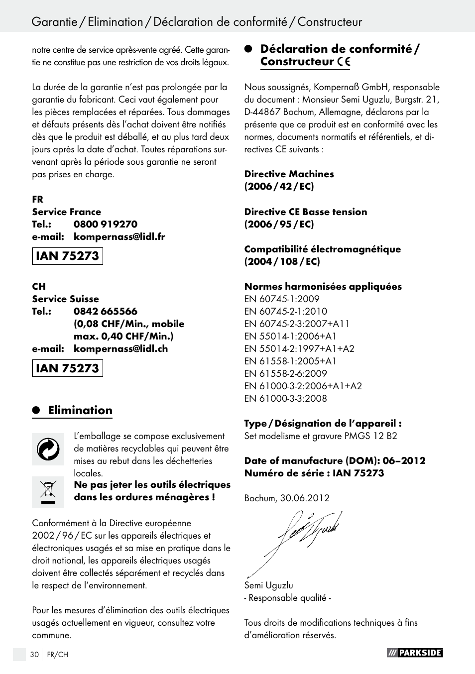 Indice, Elimination, Déclaration de conformité / constructeur | Parkside PMGS 12 B2 User Manual | Page 30 / 57