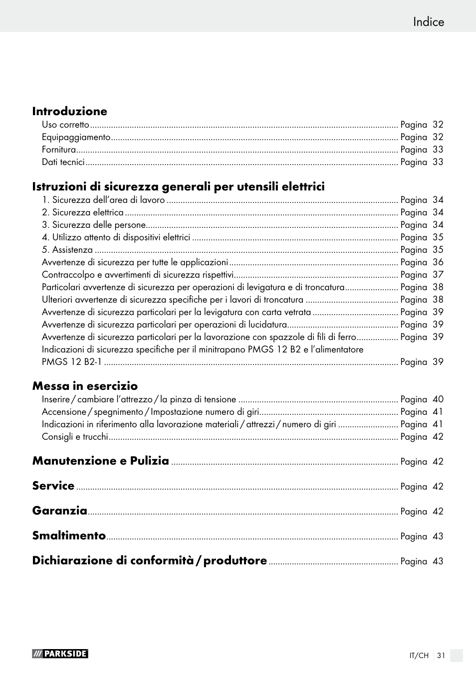 Indice | Parkside PMGS 12 B2 User Manual | Page 31 / 57