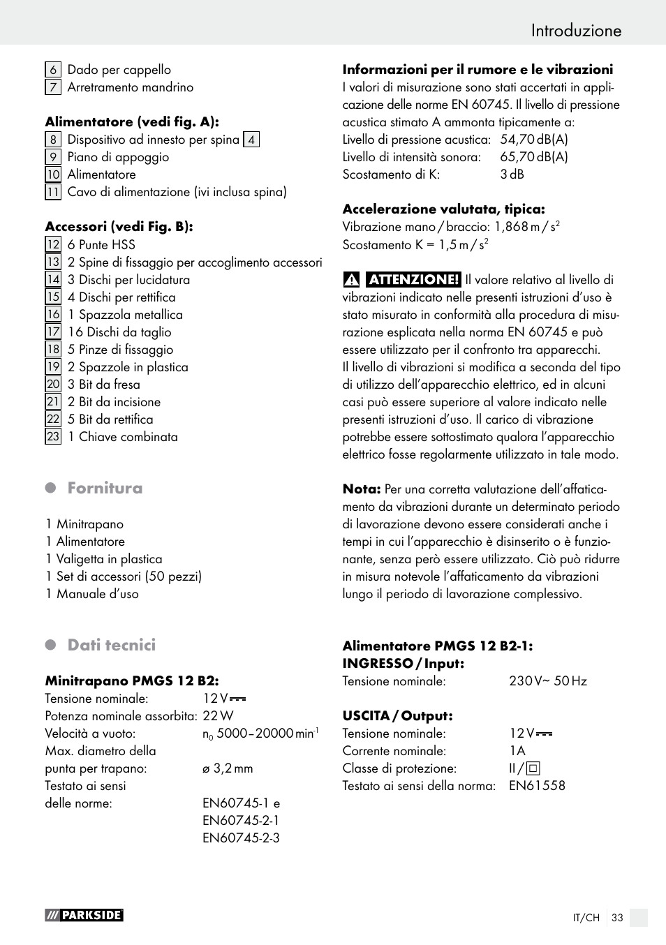 Introduzione, Fornitura, Dati tecnici | Parkside PMGS 12 B2 User Manual | Page 33 / 57