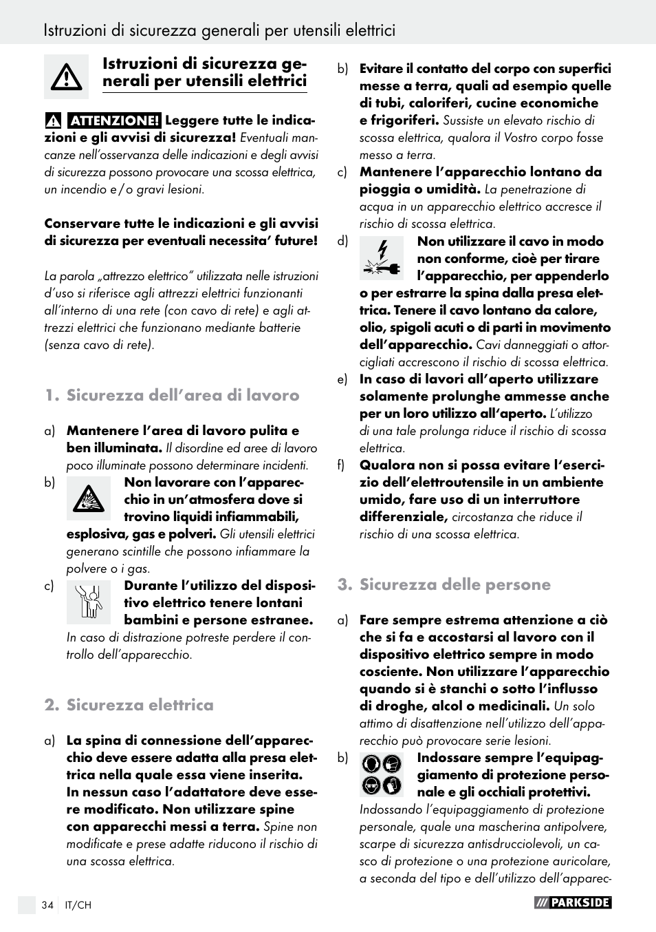 Sicurezza dell’area di lavoro, Sicurezza elettrica, Sicurezza delle persone | Parkside PMGS 12 B2 User Manual | Page 34 / 57