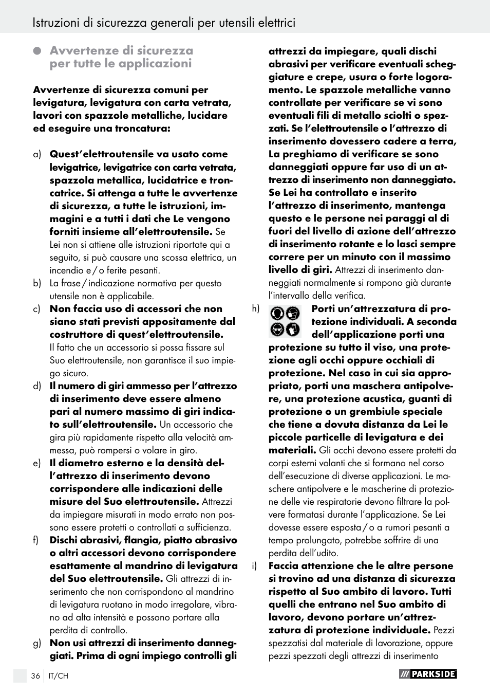 Avvertenze di sicurezza per tutte le applicazioni | Parkside PMGS 12 B2 User Manual | Page 36 / 57