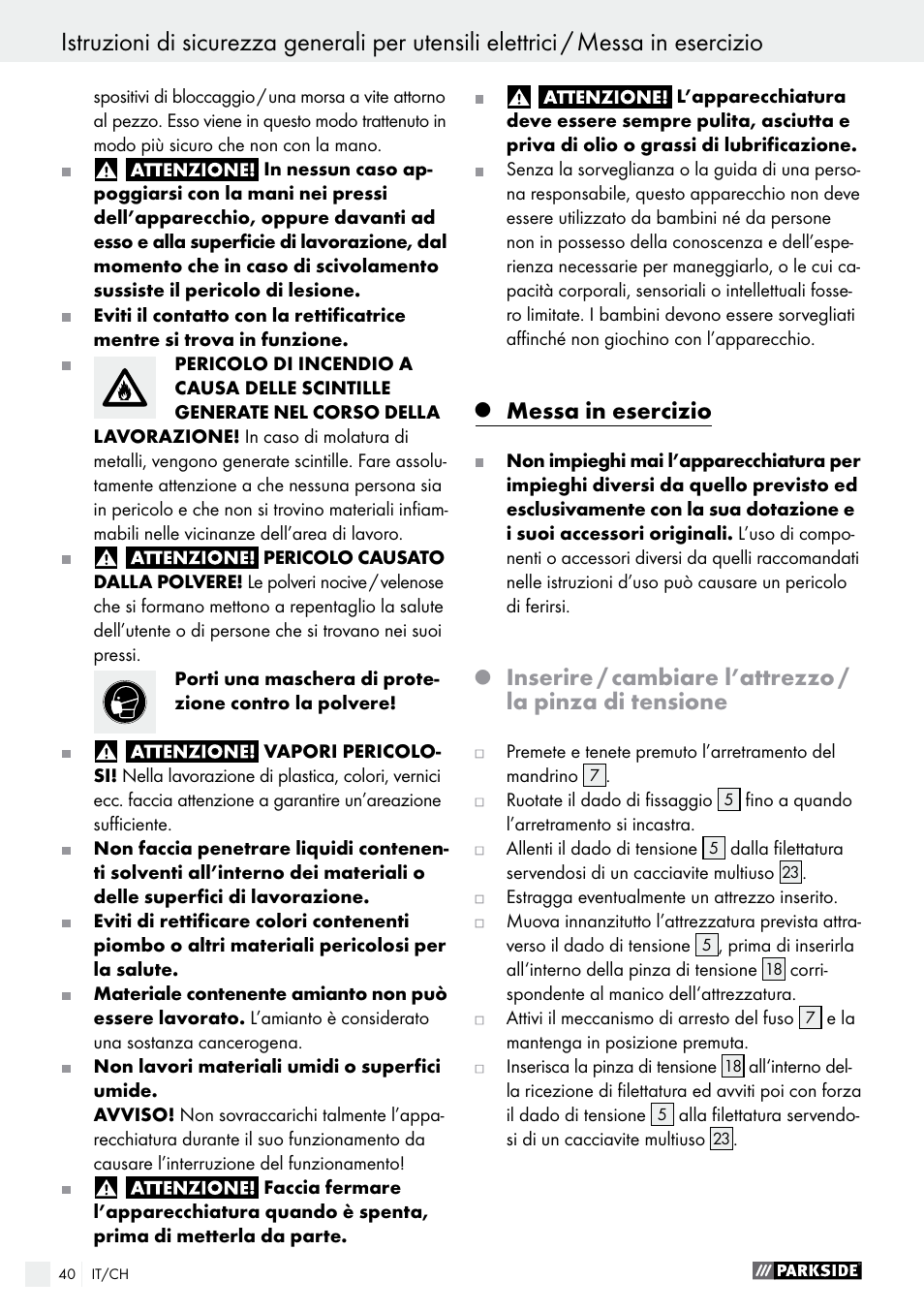 Messa in esercizio | Parkside PMGS 12 B2 User Manual | Page 40 / 57