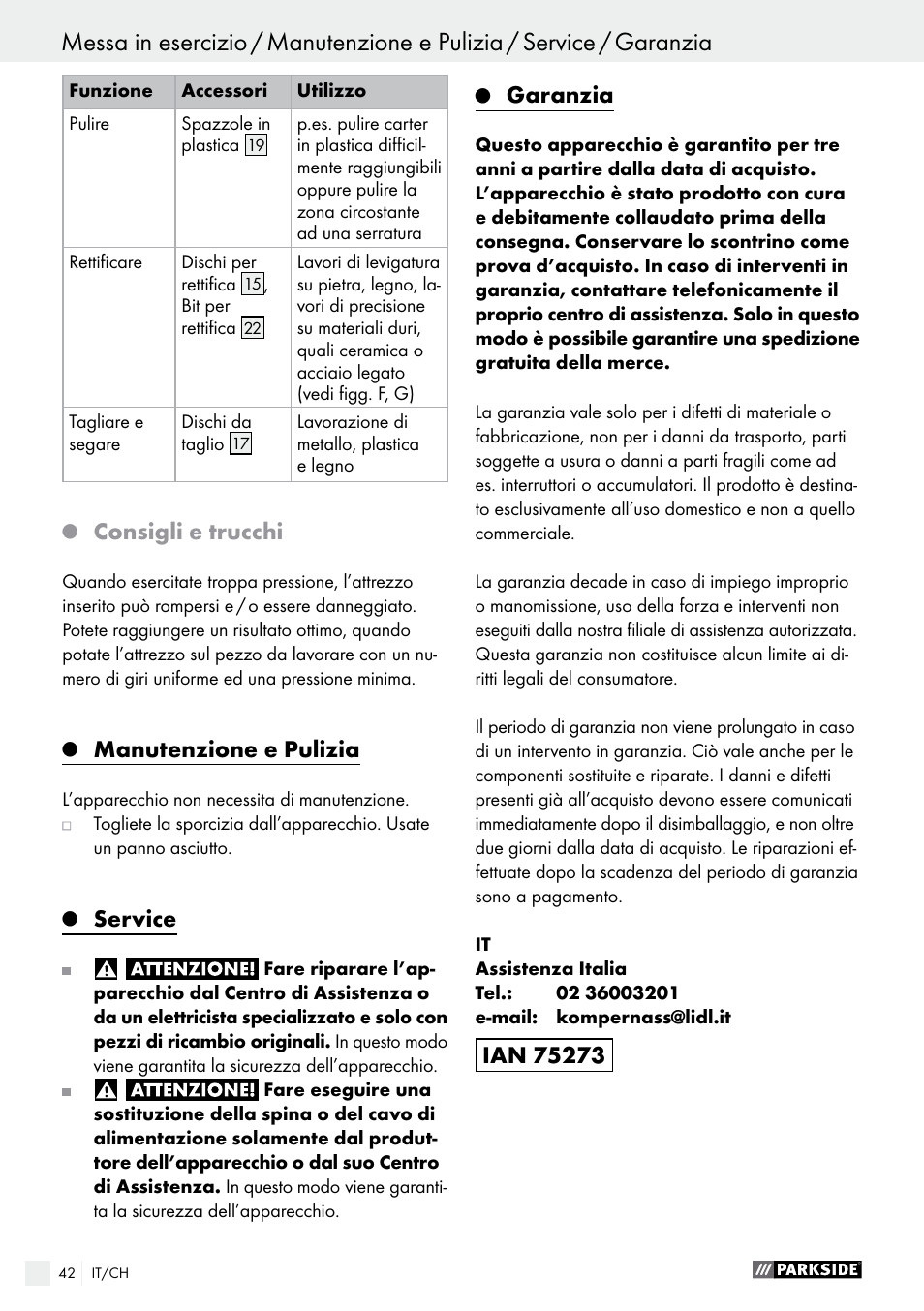 Consigli e trucchi, Manutenzione e pulizia, Service | Garanzia | Parkside PMGS 12 B2 User Manual | Page 42 / 57