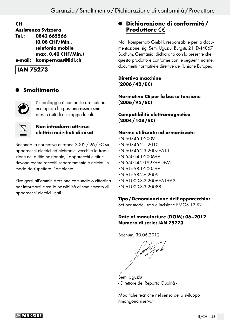 Smaltimento, Dichiarazione di conformità / produttore | Parkside PMGS 12 B2 User Manual | Page 43 / 57