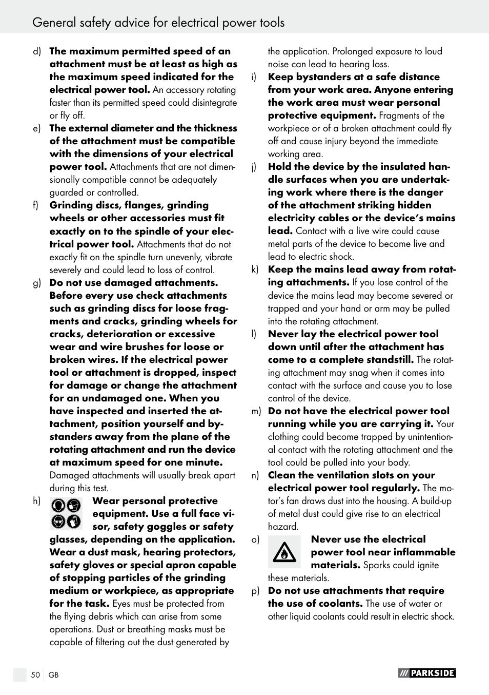 General safety advice for electrical power tools | Parkside PMGS 12 B2 User Manual | Page 50 / 57