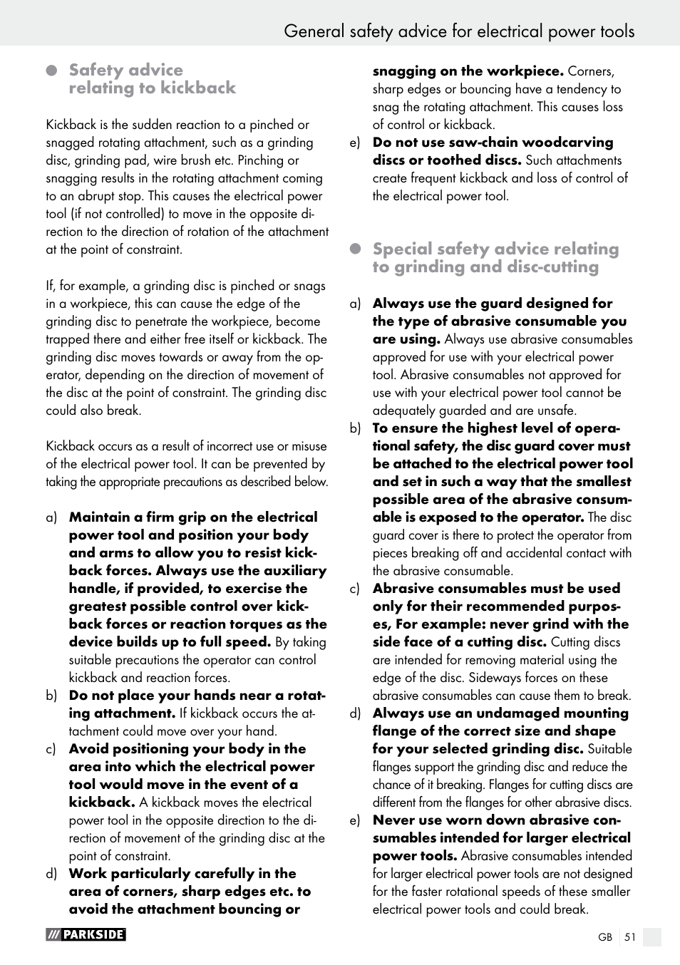 General safety advice for electrical power tools, Safety advice relating to kickback | Parkside PMGS 12 B2 User Manual | Page 51 / 57