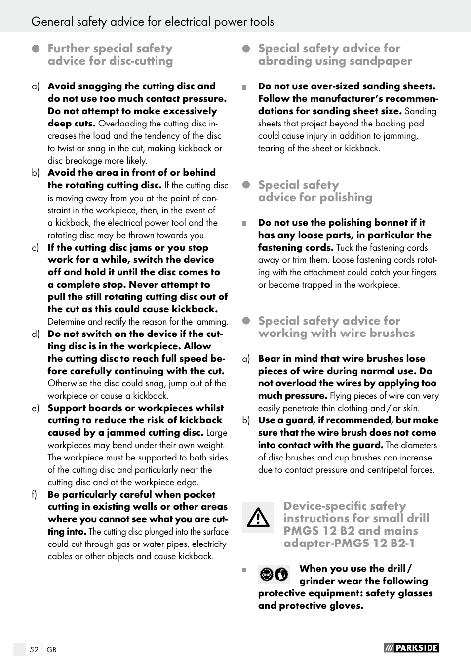 General safety advice for electrical power tools | Parkside PMGS 12 B2 User Manual | Page 52 / 57