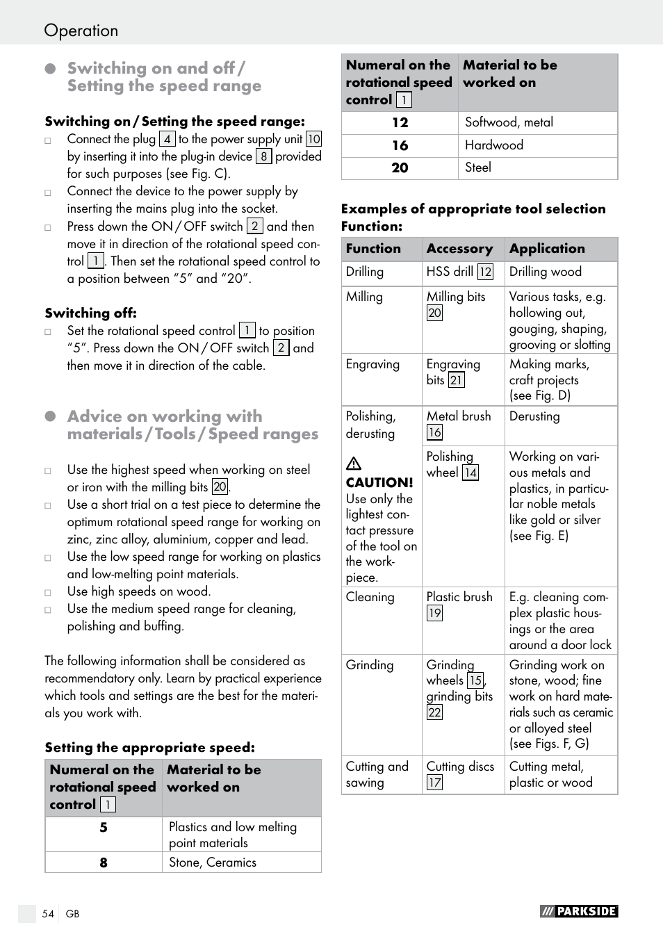 Operation, Switching on and off / setting the speed range | Parkside PMGS 12 B2 User Manual | Page 54 / 57