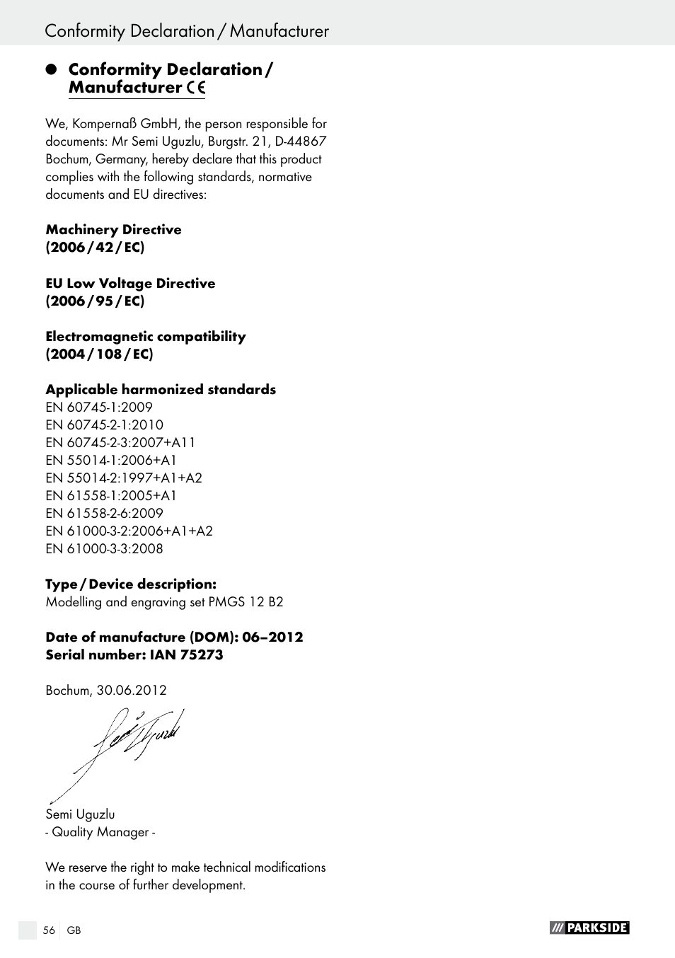 Conformity declaration / manufacturer | Parkside PMGS 12 B2 User Manual | Page 56 / 57