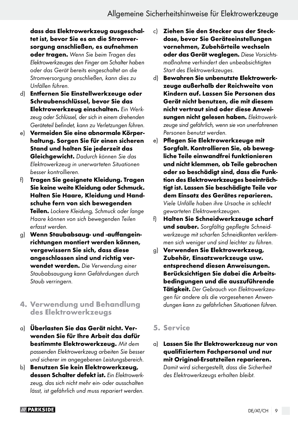 Verwendung und behandlung des elektrowerkzeugs, Service | Parkside PMGS 12 B2 User Manual | Page 9 / 57