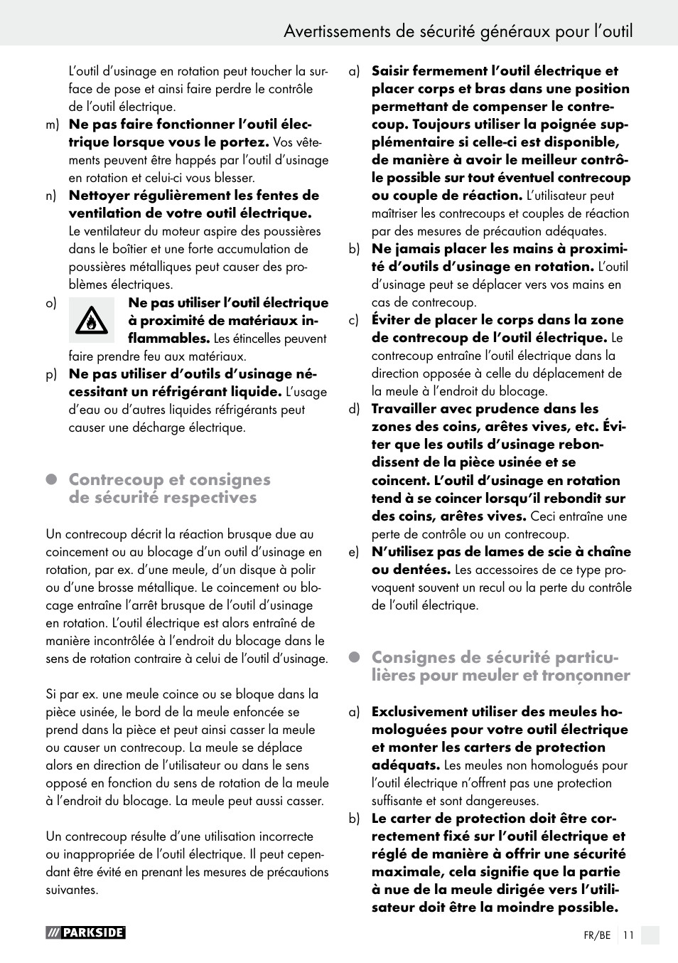 Avertissements de sécurité généraux pour l’outil, Contrecoup et consignes de sécurité respectives | Parkside PMGS 12 B2 User Manual | Page 11 / 57