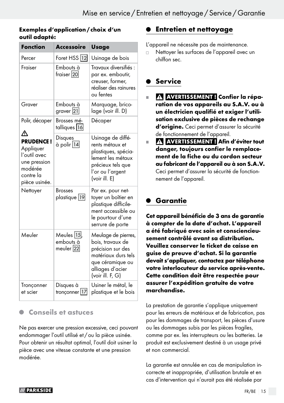 Conseils et astuces, Entretien et nettoyage, Service | Garantie | Parkside PMGS 12 B2 User Manual | Page 15 / 57