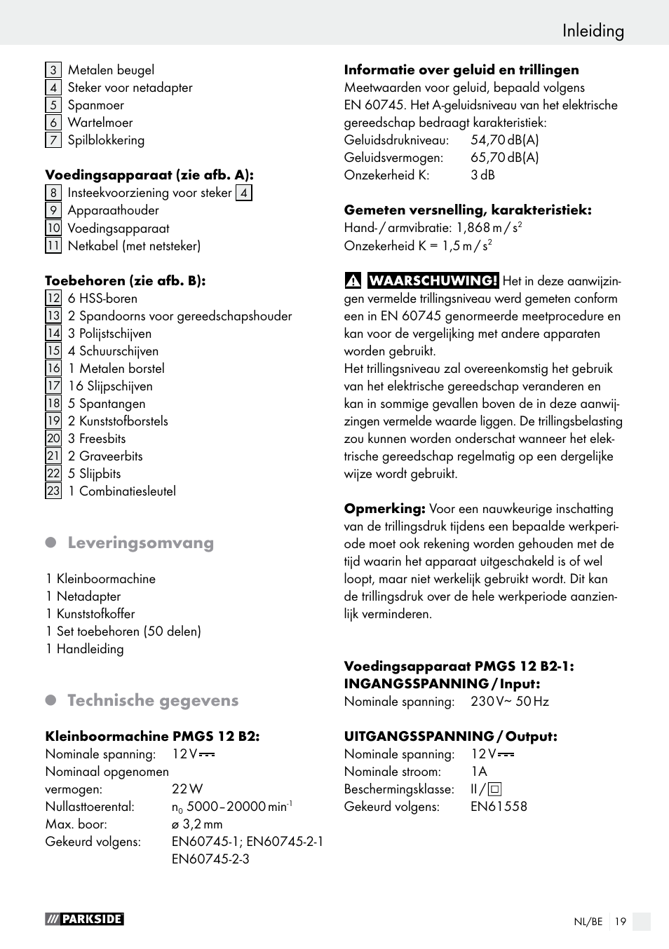 Inleiding, Leveringsomvang, Technische gegevens | Parkside PMGS 12 B2 User Manual | Page 19 / 57