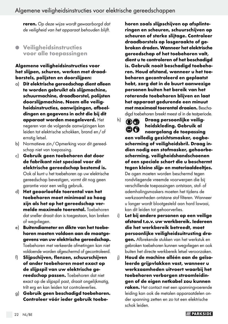 Veiligheidsinstructies voor alle toepassingen | Parkside PMGS 12 B2 User Manual | Page 22 / 57