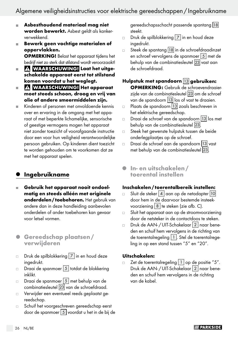 Ingebruikname / onderhoud en reiniging, Ingebruikname, Gereedschap plaatsen / verwijderen | In- en uitschakelen / toerental instellen | Parkside PMGS 12 B2 User Manual | Page 26 / 57