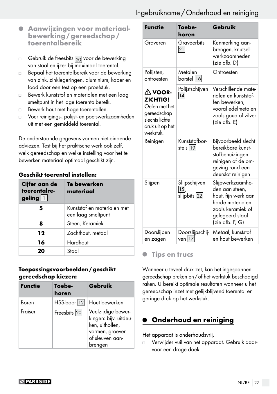 Ingebruikname / onderhoud en reiniging, Tips en trucs, Onderhoud en reiniging | Parkside PMGS 12 B2 User Manual | Page 27 / 57