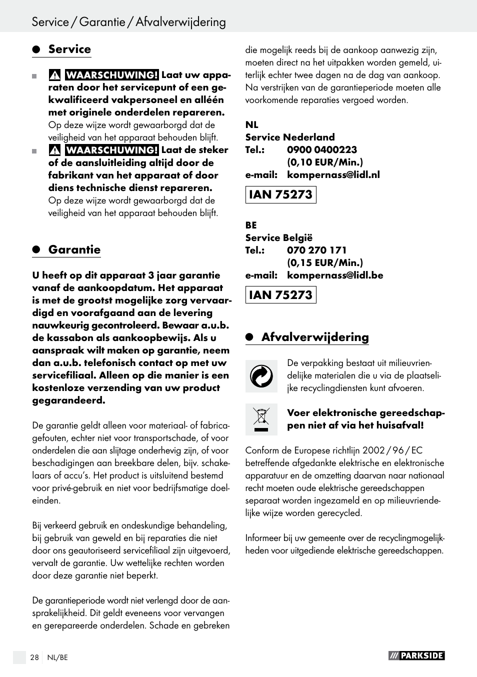 Conformiteitsverklaring / fabrikant, Service / garantie / afvalverwijdering, Service | Garantie, Afvalverwijdering | Parkside PMGS 12 B2 User Manual | Page 28 / 57