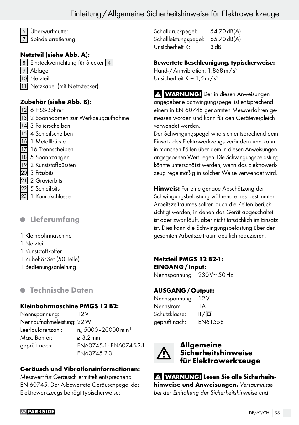 Lieferumfang, Technische daten | Parkside PMGS 12 B2 User Manual | Page 33 / 57