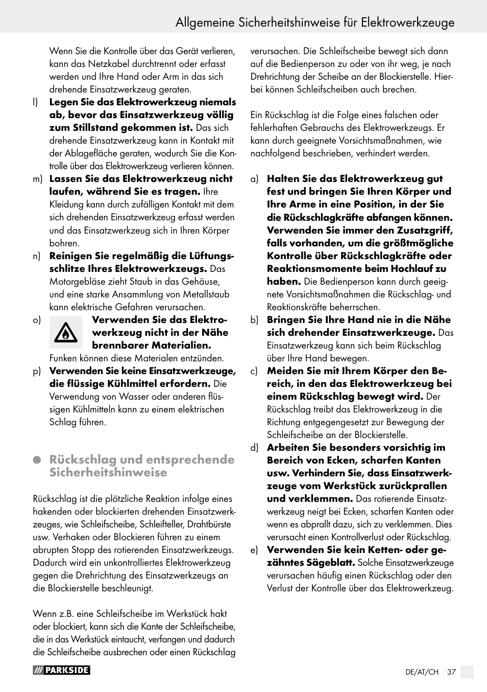 Rückschlag und entsprechende sicherheitshinweise | Parkside PMGS 12 B2 User Manual | Page 37 / 57
