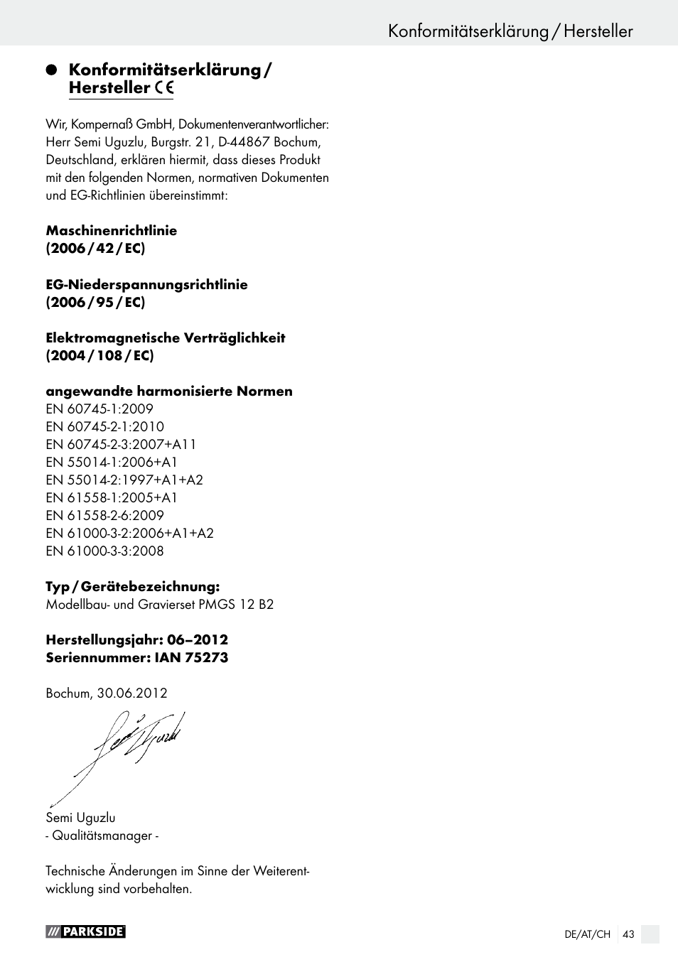 Konformitätserklärung / hersteller | Parkside PMGS 12 B2 User Manual | Page 43 / 57