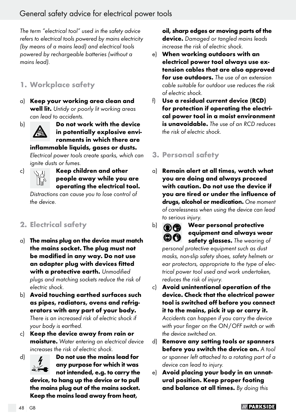 General safety advice for electrical power tools, Workplace safety, Electrical safety | Personal safety | Parkside PMGS 12 B2 User Manual | Page 48 / 57