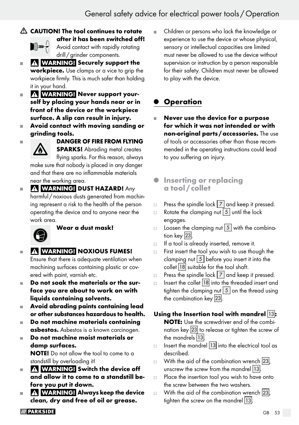 Operation, Inserting or replacing a tool / collet | Parkside PMGS 12 B2 User Manual | Page 53 / 57