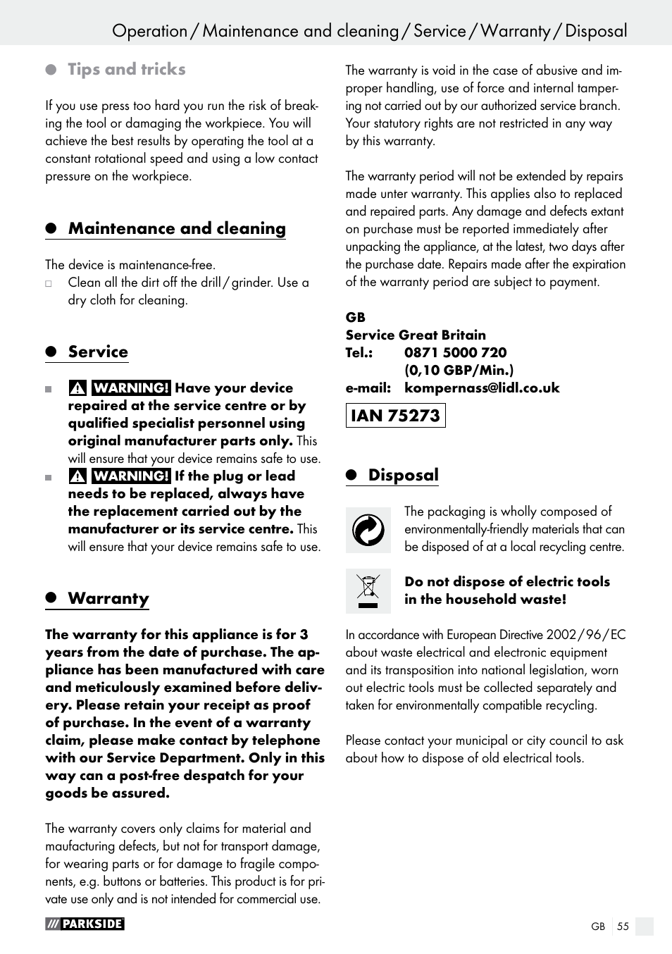 Tips and tricks, Maintenance and cleaning, Service | Warranty, Disposal | Parkside PMGS 12 B2 User Manual | Page 55 / 57