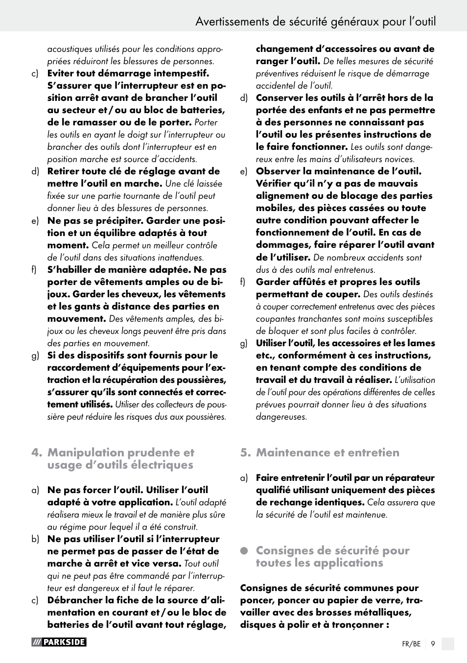 Avertissements de sécurité généraux pour l’outil, Maintenance et entretien, Consignes de sécurité pour toutes les applications | Parkside PMGS 12 B2 User Manual | Page 9 / 57