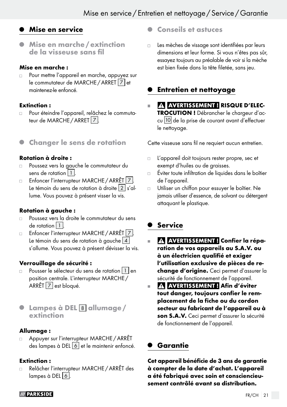 Mise en service, Changer le sens de rotation, Lampes à del | Allumage / extinction, Conseils et astuces, Entretien et nettoyage, Service, Garantie | Parkside PAS 3.6 A1 User Manual | Page 21 / 43