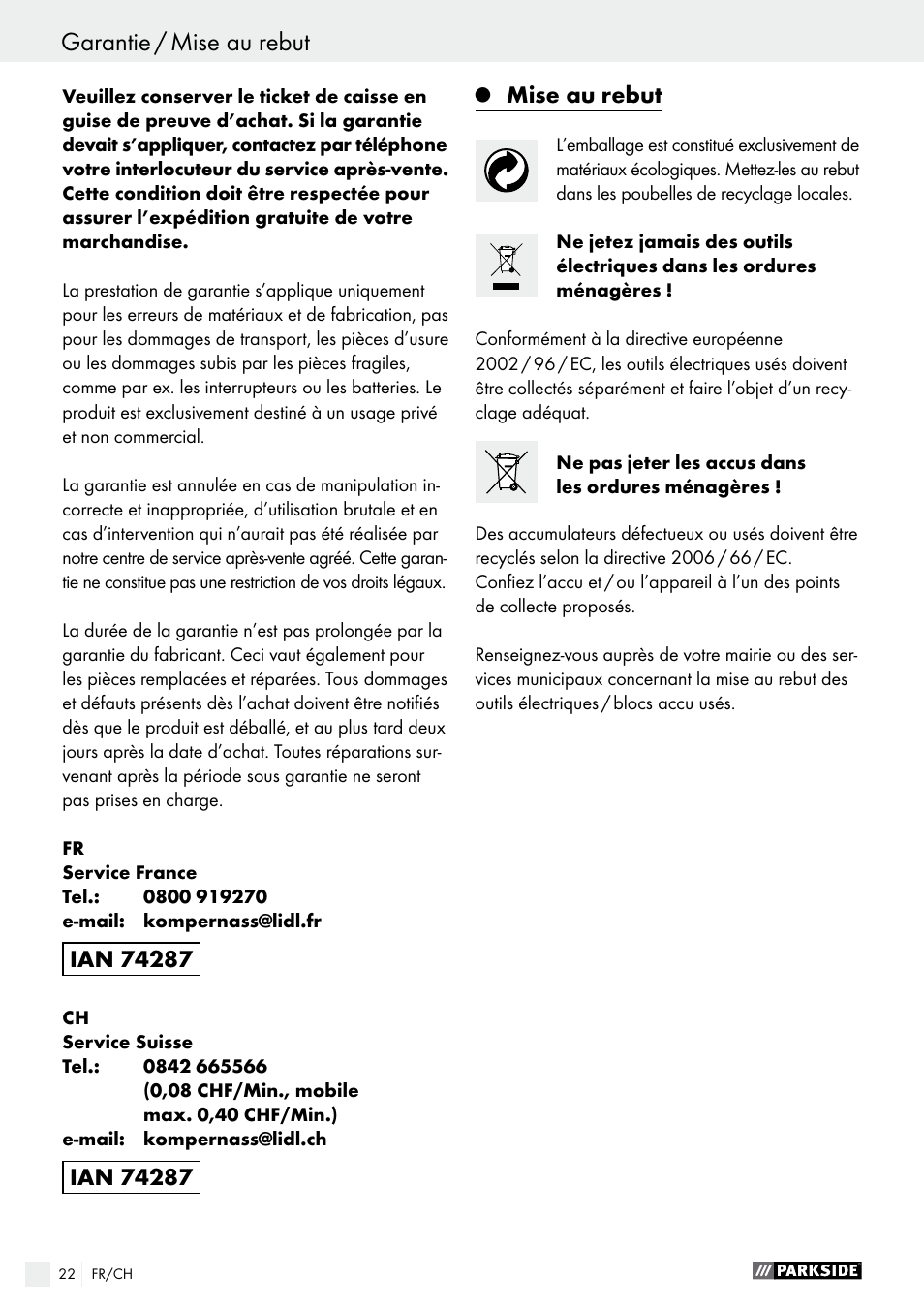 Déclaration de conformité / constructeur, Garantie / mise au rebut | Parkside PAS 3.6 A1 User Manual | Page 22 / 43