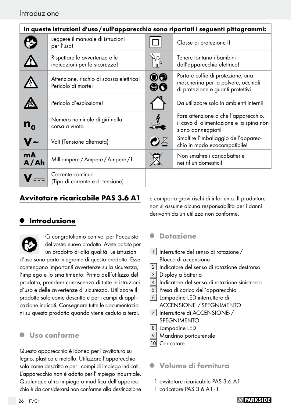 Introduzione | Parkside PAS 3.6 A1 User Manual | Page 26 / 43