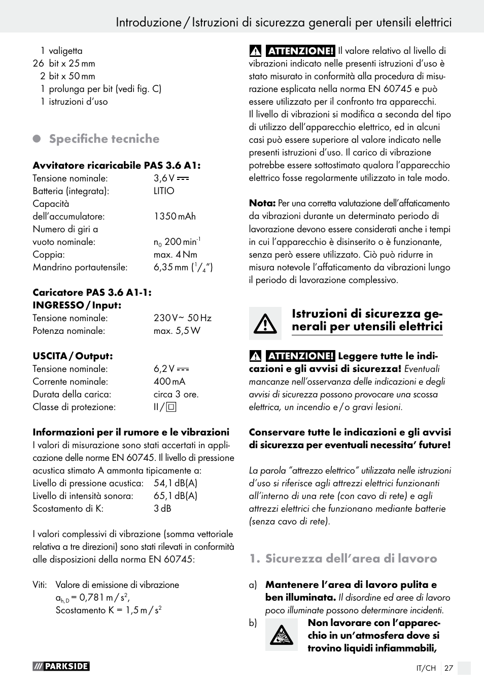 Specifiche tecniche, Sicurezza dell’area di lavoro | Parkside PAS 3.6 A1 User Manual | Page 27 / 43