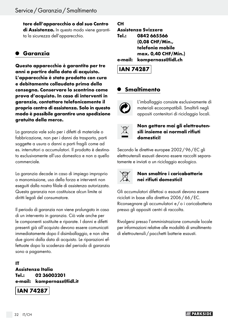 Dichiarazione di conformità / produttore, Service / garanzia / smaltimento, Garanzia | Smaltimento | Parkside PAS 3.6 A1 User Manual | Page 32 / 43