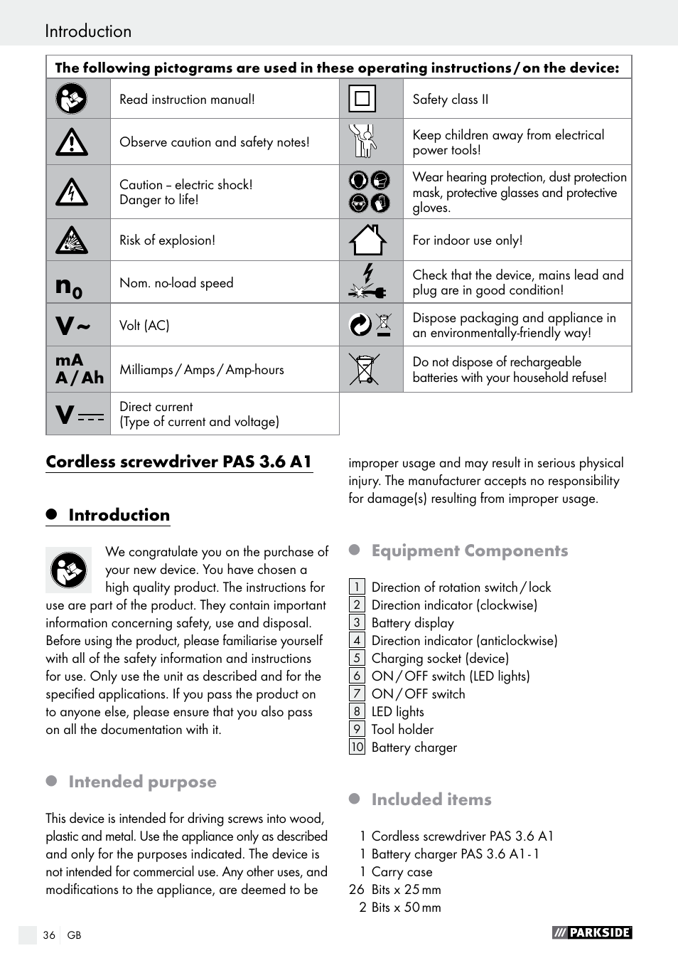 Parkside PAS 3.6 A1 User Manual | Page 36 / 43