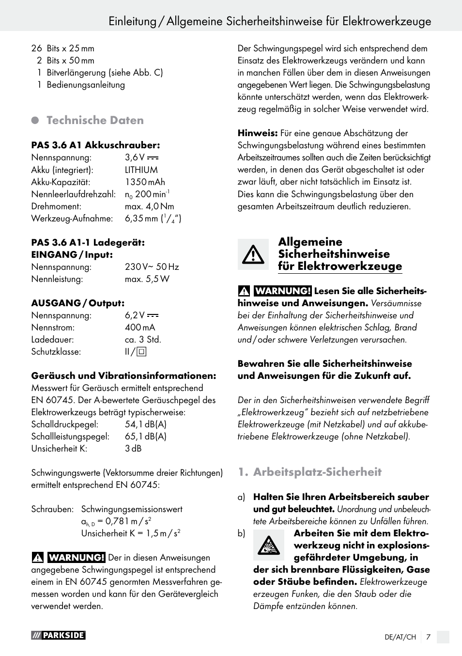 Technische daten, Arbeitsplatz-sicherheit | Parkside PAS 3.6 A1 User Manual | Page 7 / 43