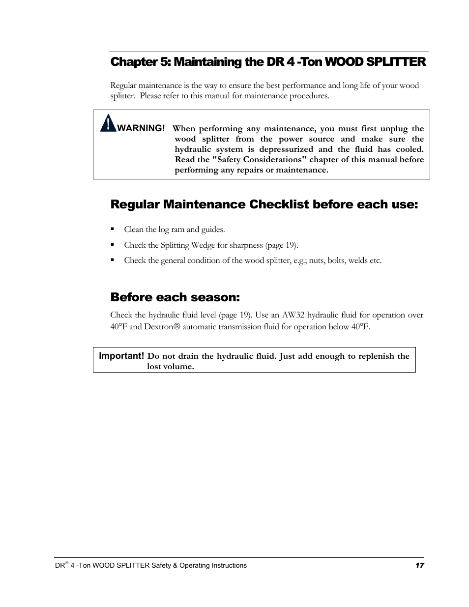 Chapter 5: maintaining the dr 4 -ton wood splitter, Regular maintenance checklist before each use, Before each season | Country Home Products DR 4 -TON User Manual | Page 21 / 32