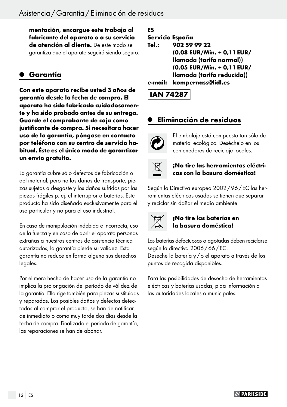 Garantía, Eliminación de residuos | Parkside PAS 3.6 A1 User Manual | Page 12 / 42