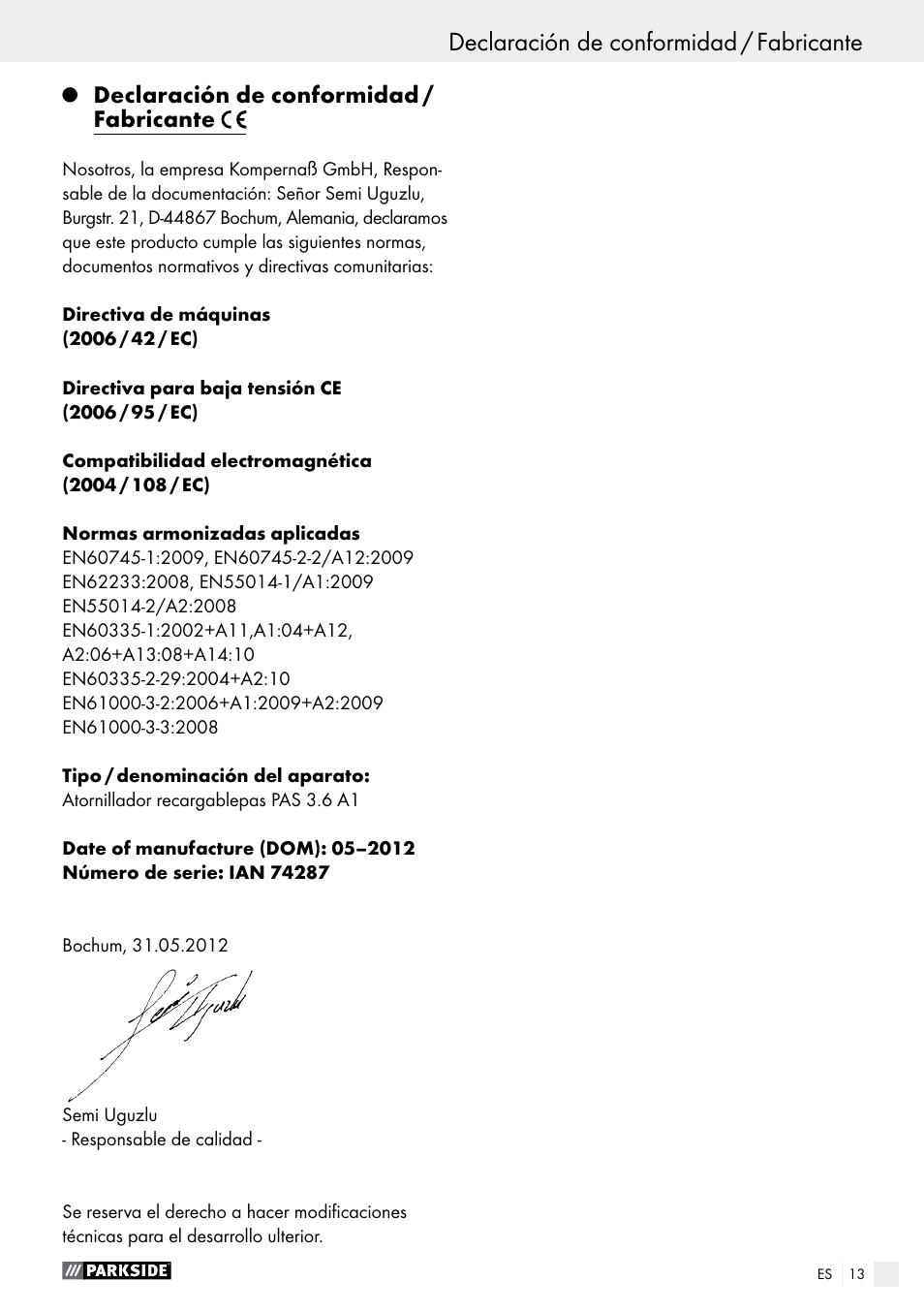 Declaración de conformidad / fabricante, Asistencia / garantía / eliminación de residuos | Parkside PAS 3.6 A1 User Manual | Page 13 / 42